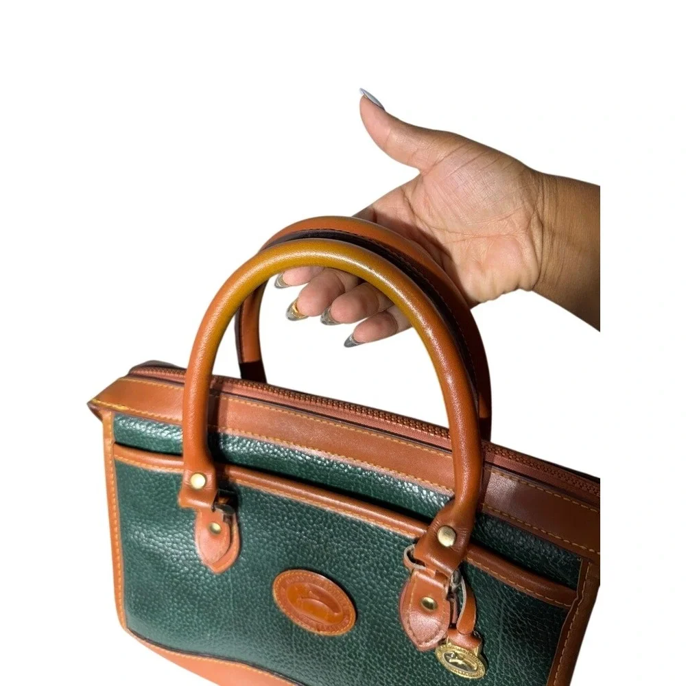 Dooney & Bourke Vintage All Weather Leather Satchel Bag Green British Tan Top Zi